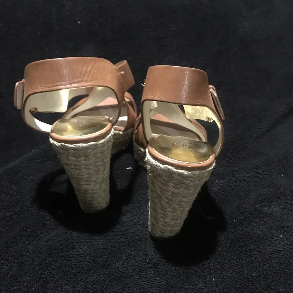 Michael Kors sz 61/2 Women’s Giovanna Brown Leather Wedge Espadrille Sandals